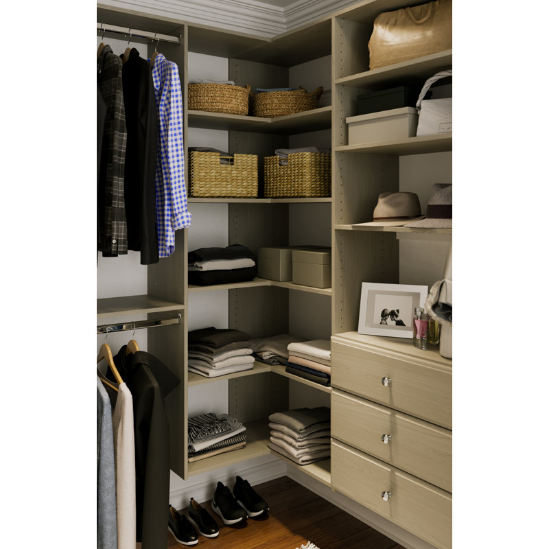 Grid 65" W - 113" W Corner Closet System (Can be Cut to Fit), Honey Blonde