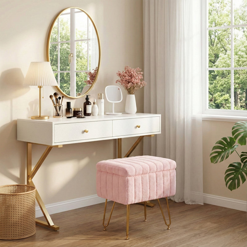 Modern Velvet Storage Vanity Stool Cozy Faux Fur Cushioned Accent Chair Pink, Pink