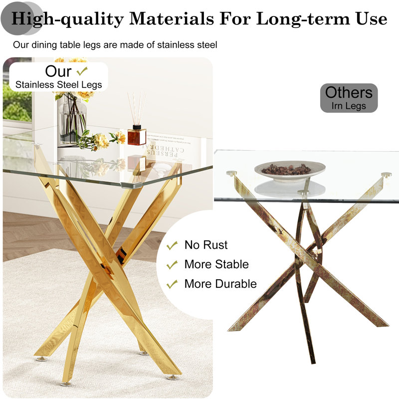 Square Pedestal Dining Set With 4 Luxury Faux Leather Dining Chairs, Gold, Black/Gold