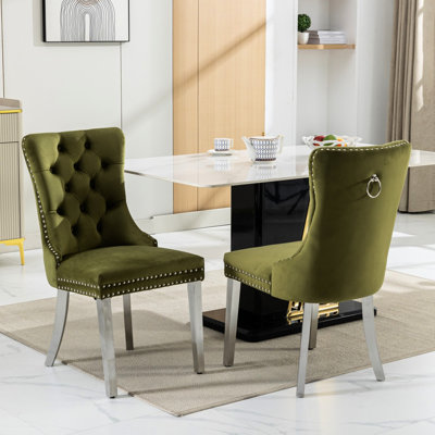 Chaise de salle à manger contemporaine, 2 unités, velours olive, pieds en acier inoxydable, rembourrage en mousse, revêtement en velours Sw1701ol, structure en bois massif, coussin à rebond élevé, garniture cloutée, 2 pièces