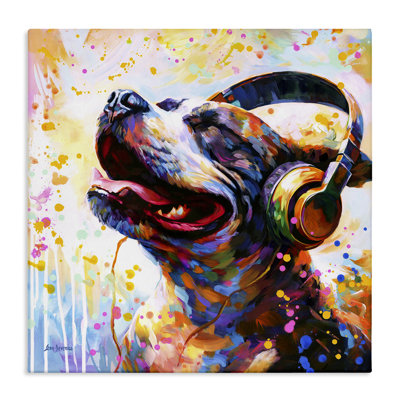 «Happy Dog & Headphones», art mural sur toile par Leon Devenice