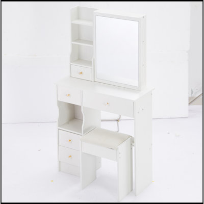 Petit meuble-lavabo de 29,2 po avec tabouret de bureau et tabouret rembourré, très grand miroir coulissant à droite, rangement multicouche à grande capacité, commode pratique et pratique, convient aux petits espaces