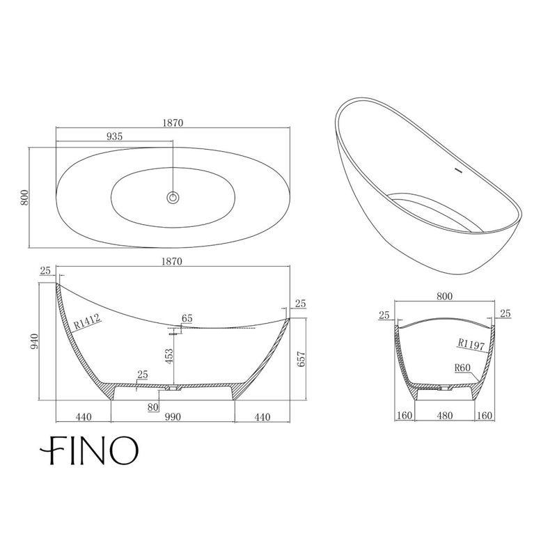 1870mm x 810mm Freestanding Stone Bathtub
