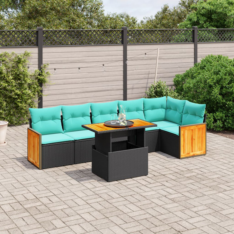  7 Piece Patio Sofa Set With Cushions Poly Rattan, Black, Green