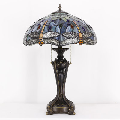 Tiffany Stained Glass Table Lamp 16X16X24 Inch Amber Dragonfly Style Desk Bedroom Living Room Antique Reading Light