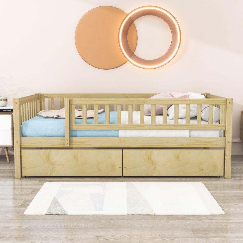 Wood Daybed with Two Drawers and Slats, Natural, Twin