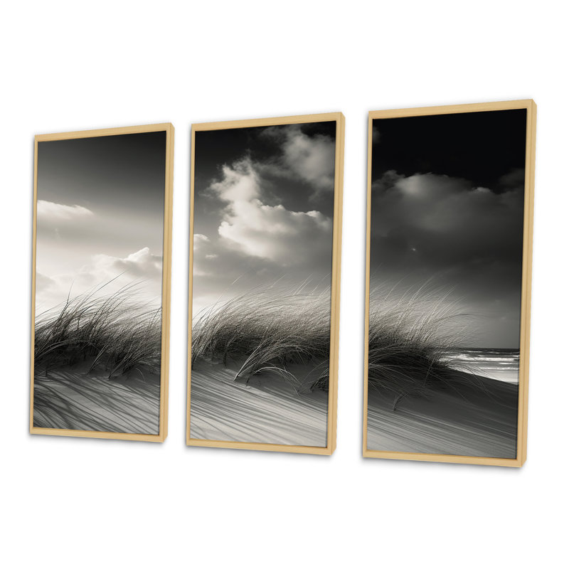 «Black and White Beach Sand Grass Senery - Coastal Beach», ensemble d'art sur toile, H 40 po x l 60 po x P 1 po