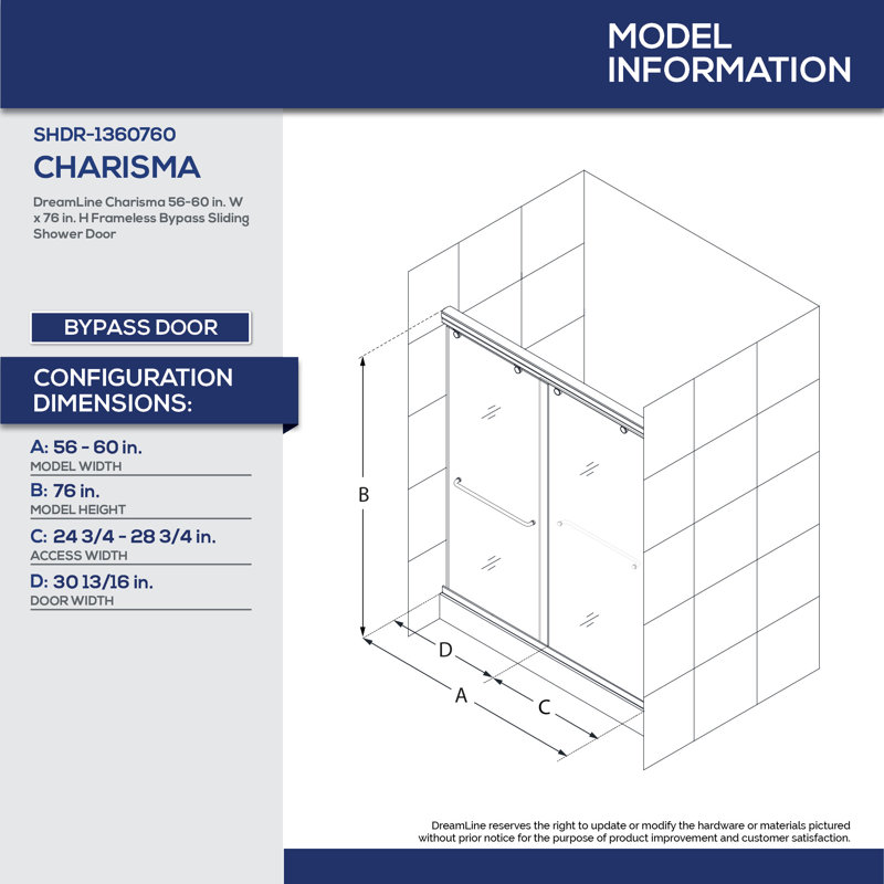 Charisma 56" W x 76" H Bypass Semi-Frameless Shower Door with Clearmax™ Technology, Chrome