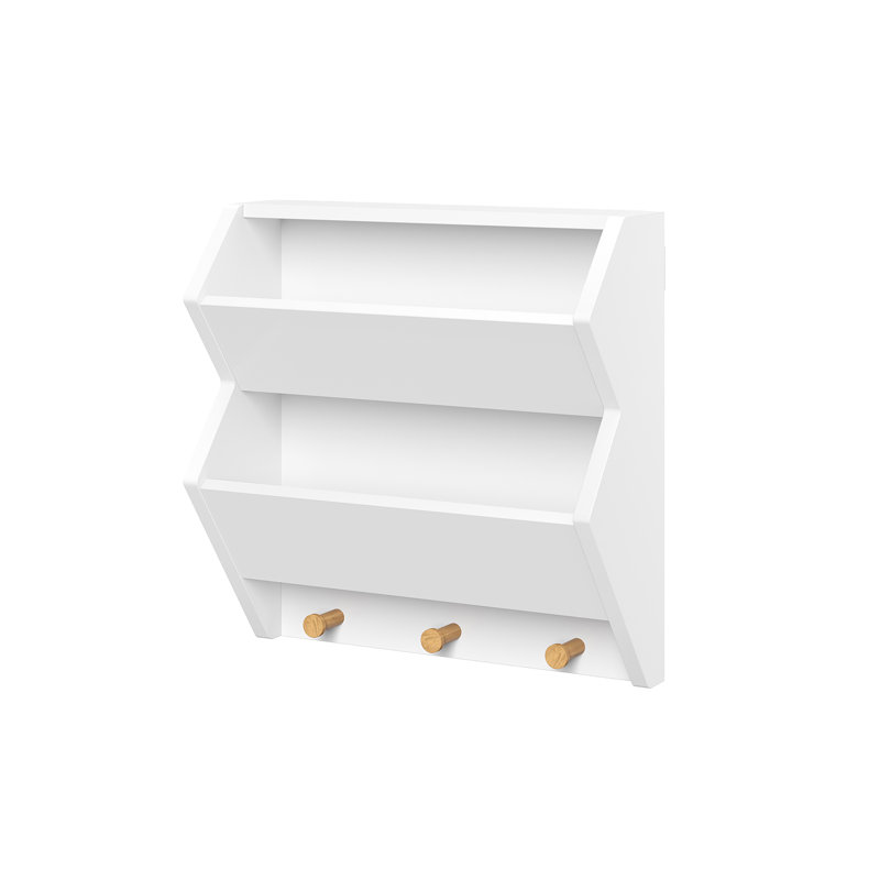RiverRidge Kids Catch-All Wall Bookshelf with 2 Toy Storage Cubbies and 3 Wooden Hooks for Playroom, Nursery, and Reading Nook - White