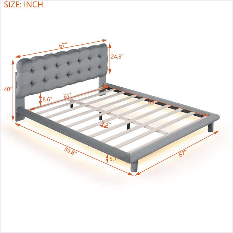 Lit plateforme en velours avec structure à DEL, tissu épais et doux et tête de lit capitonnée, Gris, Grand lit