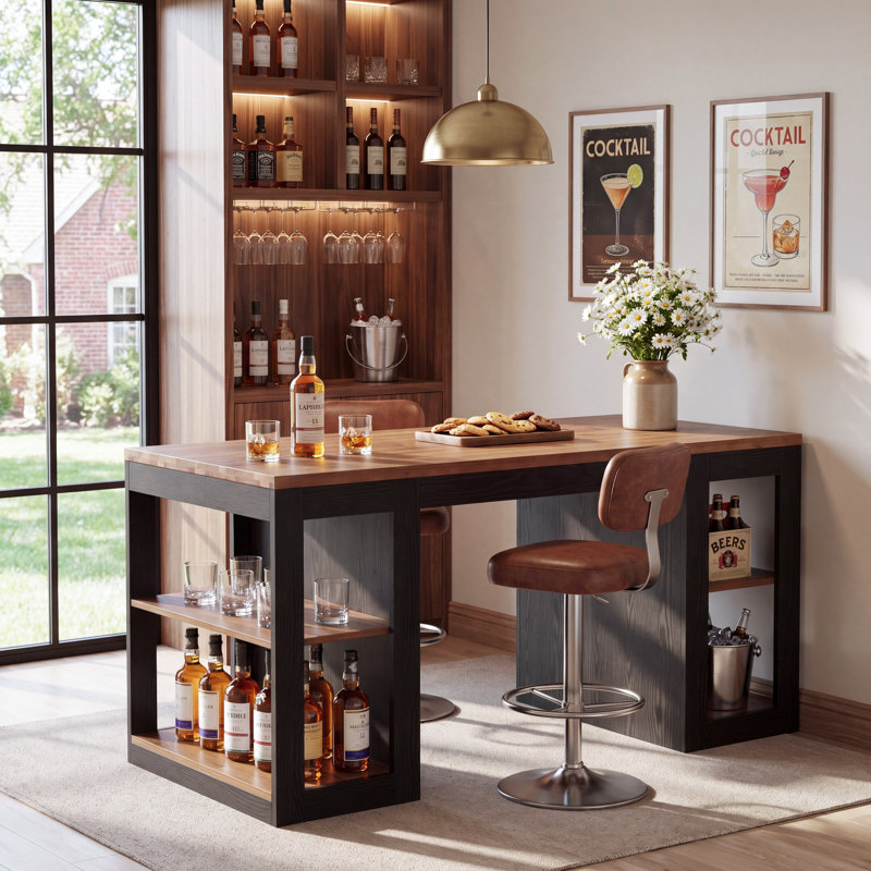 Table de bar rectangulaire en bois massif de 160 cm (63 po) avec étagères latérales de rangement à 2 niveaux