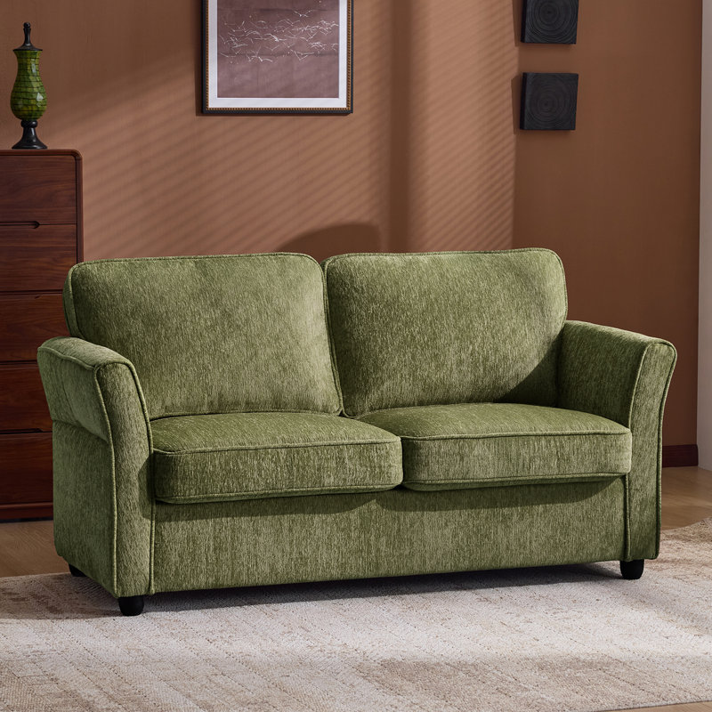 Causeuse compacte à accoudoirs floraux en chenille pour 2 personnes, Vert olive