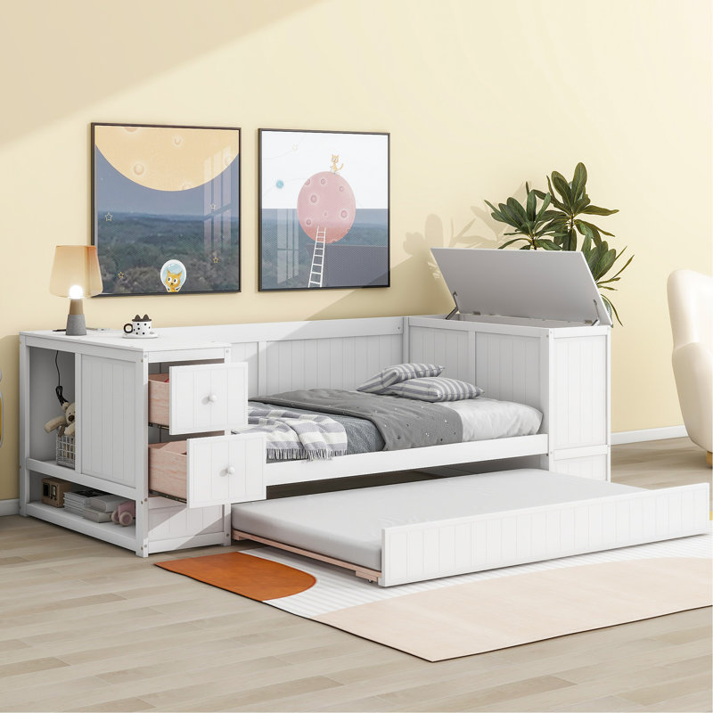 Lit de jour simple blanc avec rangement pour accoudoirs, couchette et charge, Blanc