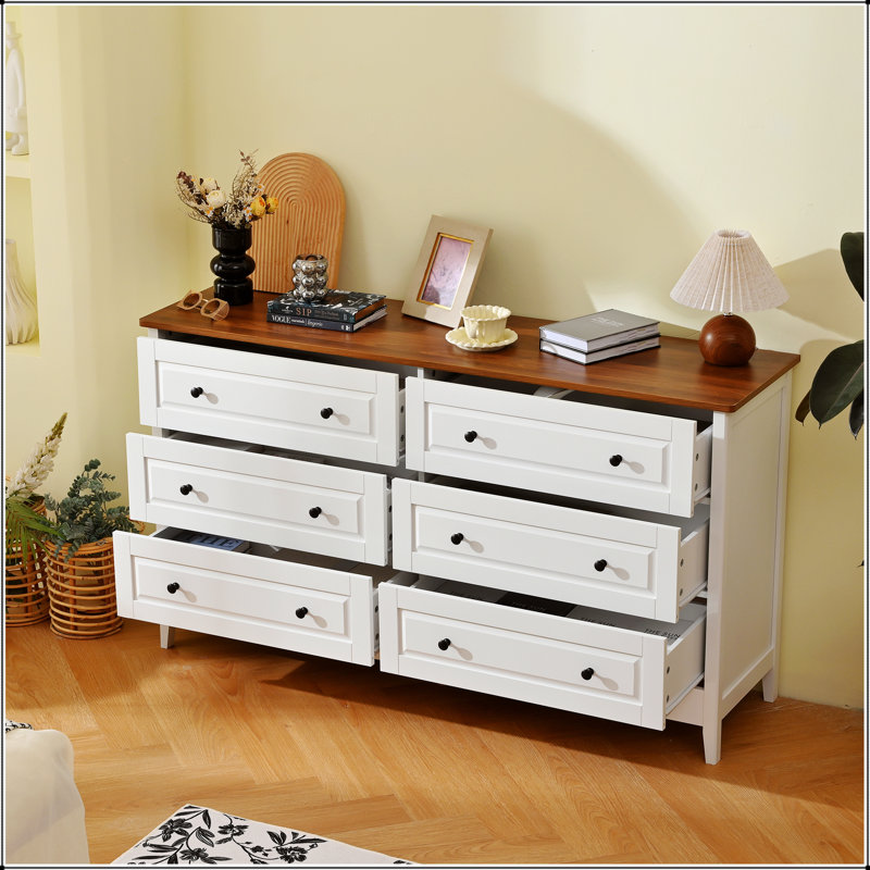 Commode blanche à 6 tiroirs avec tiroirs larges et poignées en métal, idéale pour le rangement dans la chambre à coucher, le couloir et l'entrée