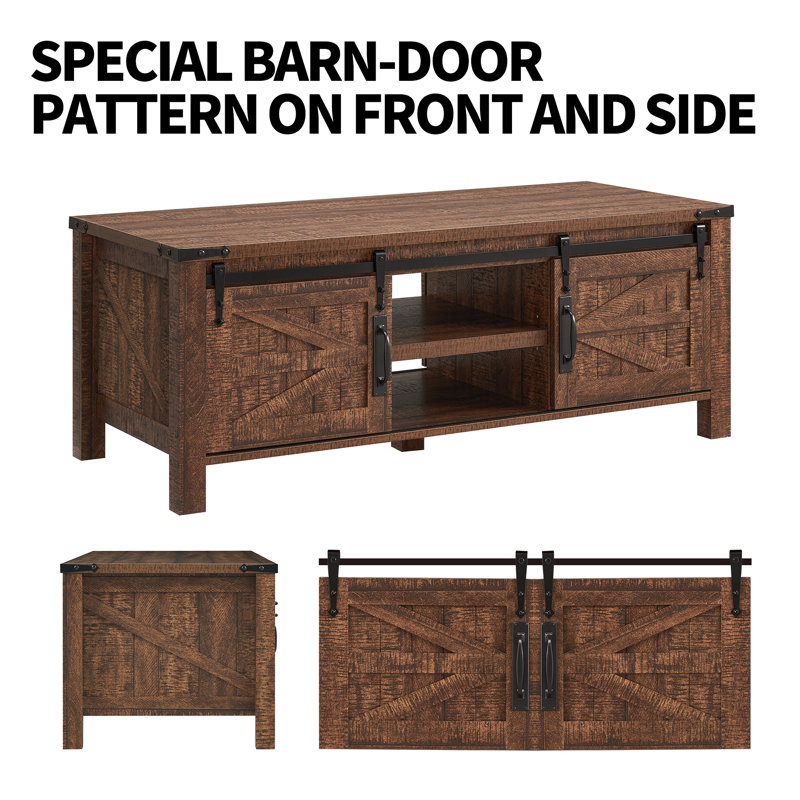 Farmhouse 48" Coffee Table with Sliding Barn Door and Adjustable Shelf, Rustic Brown