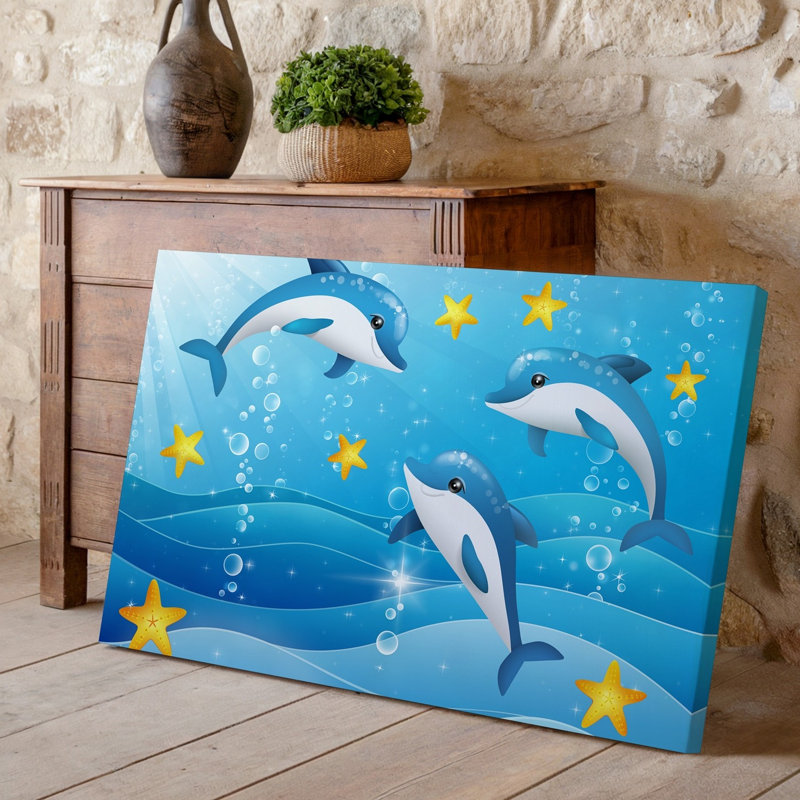 Toile, une scène sous-marine fantaisiste mettant en vedette trois dauphins ludiques avec art mural, H 30 po x l 30 po