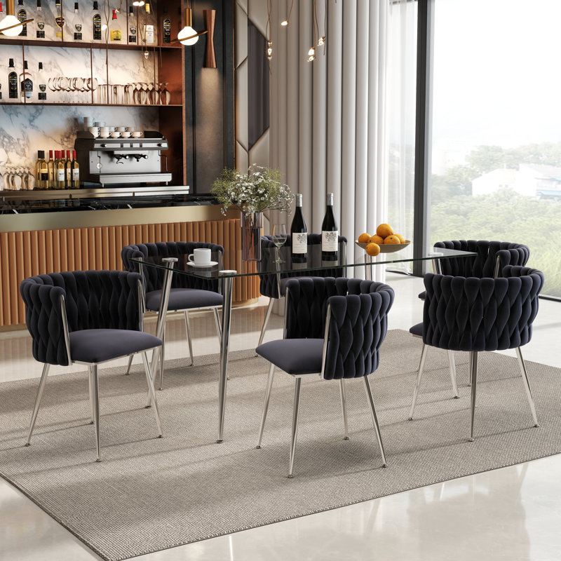 Ensemble de salle à manger rectangulaire moderne avec chaise rembourrée, 7 pièces : table, 6 chaises, Argent argent