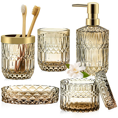 5PCS Glass Bathroom Accessories Sets, Vintage Gift, Includes Soap Dispenser, Soap Dish, Toothbrush Holder, Tumbler and Jar, Bathroom Organizer, Stylish Modern Bathroom Decor
