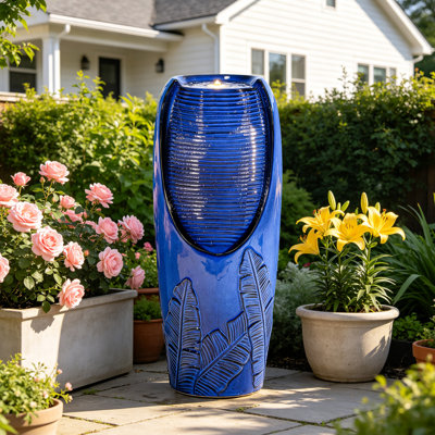 32" Tall Oversized Ceramic Water Fountian, Weather Resistant Floor Fountain with Light, Tropical Leaf Pattern