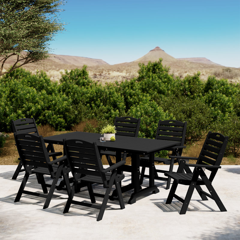 Laguna 7-Piece Rectangular Table Folding Highback Chair Dining Set, Black