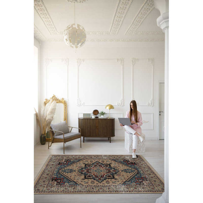 Tapis décoratif lavable à la machine beige, Sous-tapis rectangulaire 2 pi 6 po x 4 pi 11 po