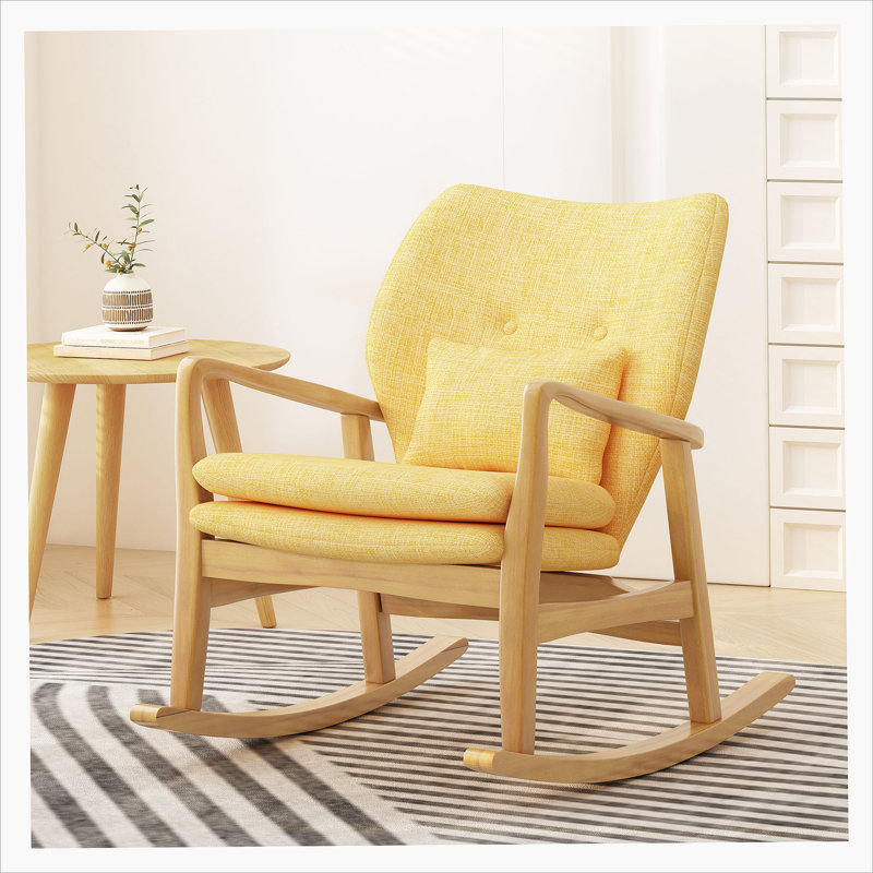 Solid Wood Rocking Chair with Cushion, Muted Yellow, Natural