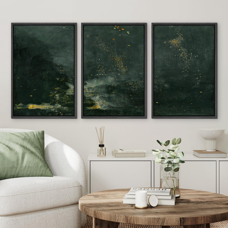 «Mystic Profondeurs abstraites avec accents dorés», 3 pièces sur toile, H 24 po x l 48 po, Cadre flottant noir