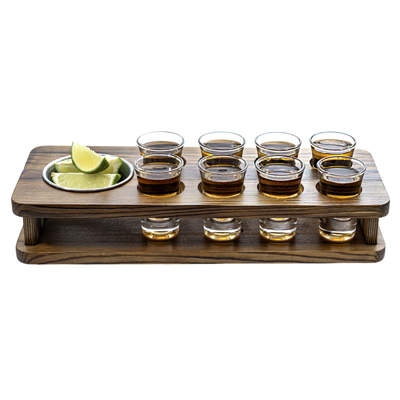 8 Shot Glasses Solid Wood Serving Set Tray