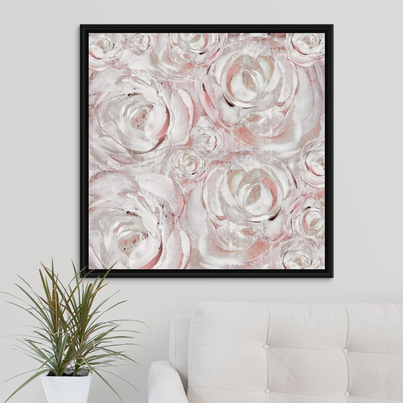 « rosé double iii », peinture sur toile, H 31,7 po x l 31,7 po, Reproduction avec cadre flottant, Noir