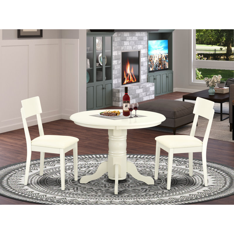 3 Piece Kitchen Table & Chairs Set Contains a Round Dining Room Table with Pedestal and 2 Faux Leather Upholstered Chairs, 42x42 Inch, Linen White