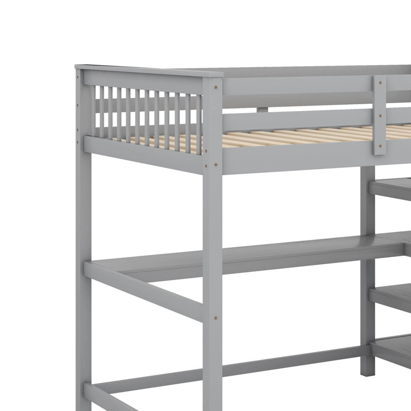 Full Size Loft Bed With Shelves And Under-Bed Desk, Gray
