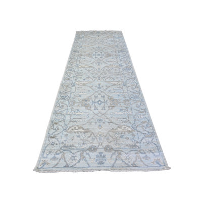 4'x11'10" Blue Oushak All Over Pattern Shiny Wool Hand Knotted Runner Rug 426E5955557F47768A3C7AB88739CCED