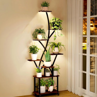 8 Tiered Indoor Plant Stand With Grow , Large Metal Shelf For Multiple Plants In Areas, Affable Walnut + Black Construction Sophisticated by SnugglySolace