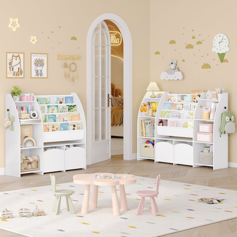 Toy Storage Organizer, 55" W Large Kids Bookshelf with 2 Movable Storage Bins, 4 Tier Front-Facing Book Display Organizer for Kids Playroom, Bedroom, Classroom, White