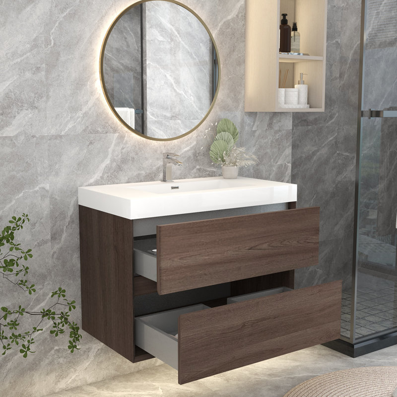 35.2'' Single Bathroom Vanity with Plastic Top, Red Oak