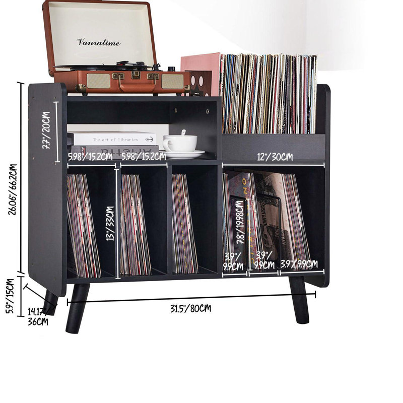 Large Record Player Cabinet With Open Vinyl Storage, Media Console Stand, Black