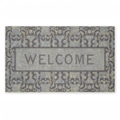 Tapis d'entrée gris à motif rétro Welcome, par Tim Coffey, 18 po x 30 po