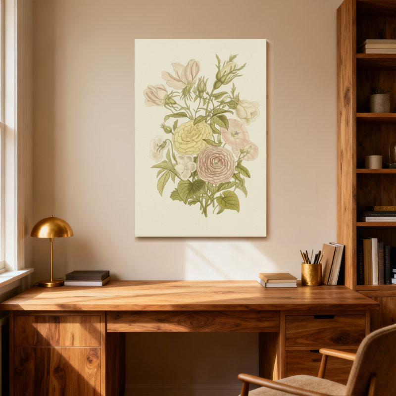 Bouquet de plantes et de fleurs avec des roses douces et crème, H 40 po x l 28 po