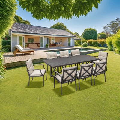 Ensemble de salle à manger de patio 9 pièces Seehill, ensemble de table et chaises de patio en aluminium avec trou pour parasol, ensemble de table de salle à manger d'extérieur 8 personnes