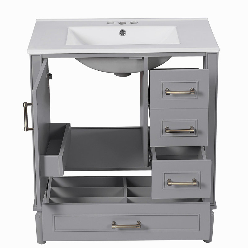 Meuble-lavabo de 30 po avec lavabo en céramique, porte à fermeture en douceur avec tablette intégrée, tiroir profond, tiroir standard, grand tiroir diviseur, grande armoire de rangement pour la salle de bain, design moderne et fonctionnel