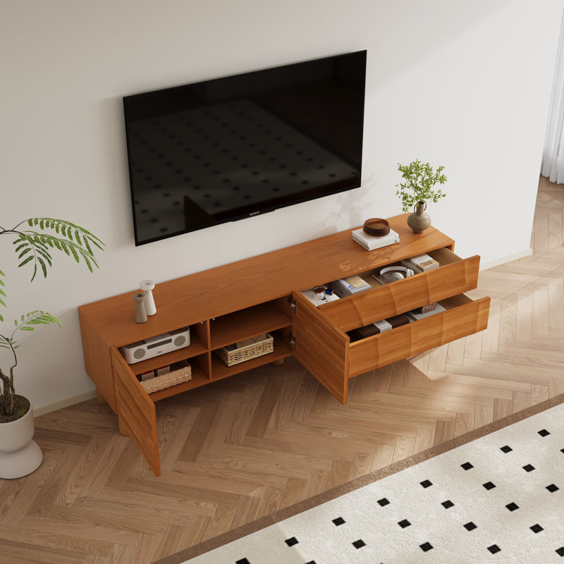 70.9 Inch TV Stand For Tvs Up To 65 Inch Entertainment Center With Storage And Drawers Modern Media Console With Solid Wood Fronts MDF Walnut Veneer Cabinet For Living Rooms