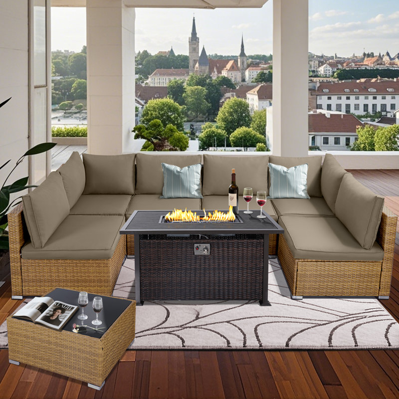 7 Pieces PE Wicker Outdoor Patio Furniture Sofa Set with Fire Pit Table, Cushions, Khaki