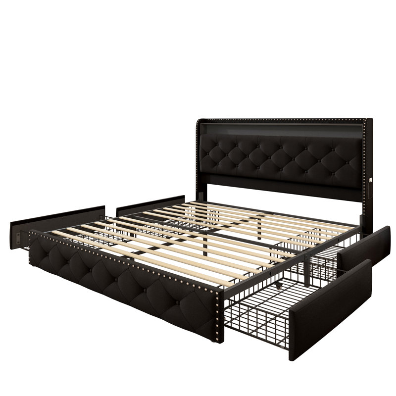 Upholstered Platform Bed with 4 Storage Drawers, Velvet Queen Size Bed with Storage Shelf Headboard&Charging Station&Led Lights, Black
