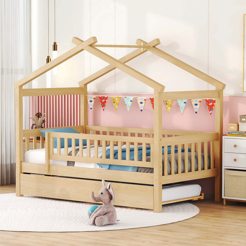 Lit simple en bois noyer avec lit gigogne simple Walnut
