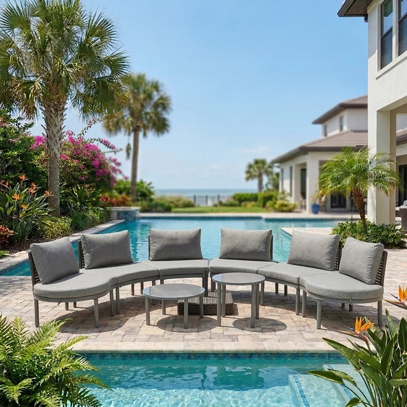 8-Piece Symmetrical Design Modular Curved Outdoor Sectional Set, Aluminum Frame With PE Wicker Exterior, Solution-Dyed Polyester Cushions, Requires Assembly