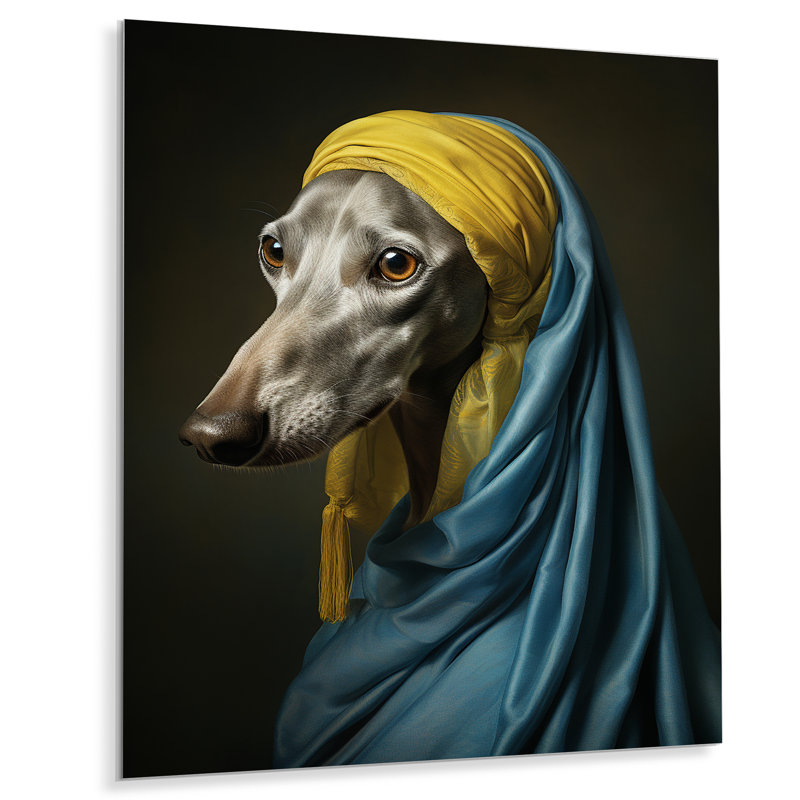 Élégant Portrait de lévrier - salon d'art mural chien, Métal métal, H 44 po x l 34 po x P 1,5 po