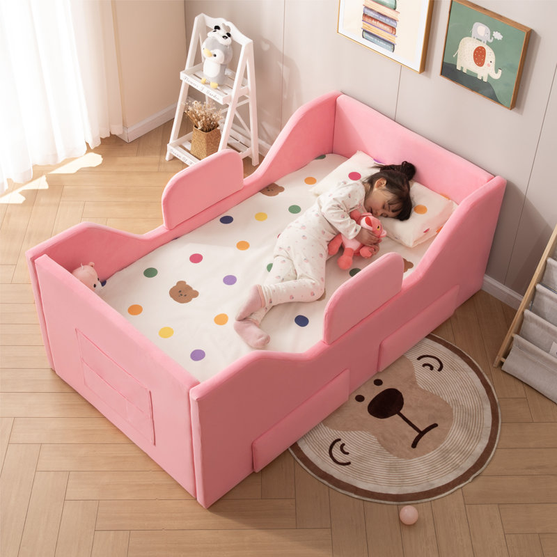 Toddler Floor Bed with Removable Safety Rails and Storage Bag, Kids Bed for Girl and Boys, Standard Crib Size, Safety Upholstered Child Beds, Low to Floor Design