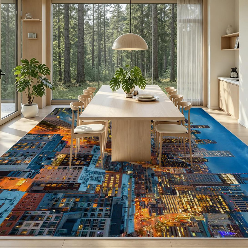 Tapis transparent lavable à la machine, du centre-ville Skyline, Rectangle 79" x 118"