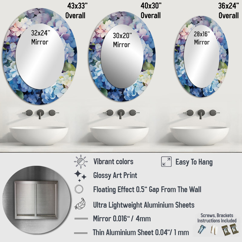 Blue Hydrangea Dreamy Garden - Miroir décoratif floral ovale sur métal, 36 po x 24 po