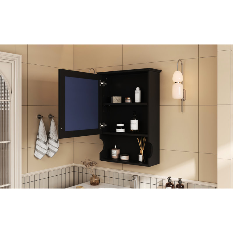Armoire de salle de bain murale moderne avec miroir, 20 po, finition noire, tablettes réglables, porte simple, bois massif et métal, charnières, idéale pour les petits espaces de rangement
